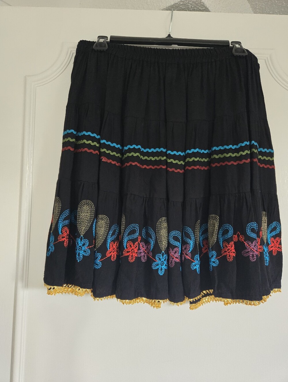 Anu By Natural-Black Tiered Embroidered Midi Skirt with Multicolor/Gold Trim L